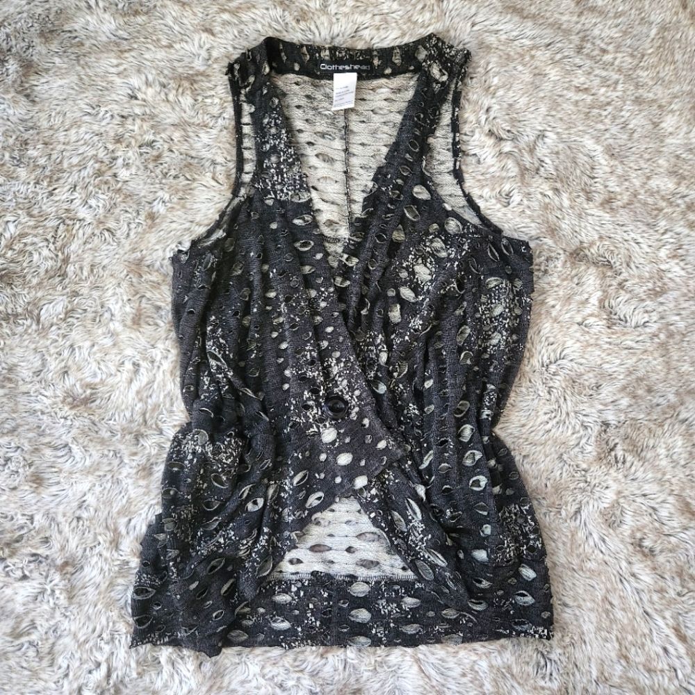 Clotheshead Knit‎ Distressed Sleeveless Cardigan Dark Charcoal Gray